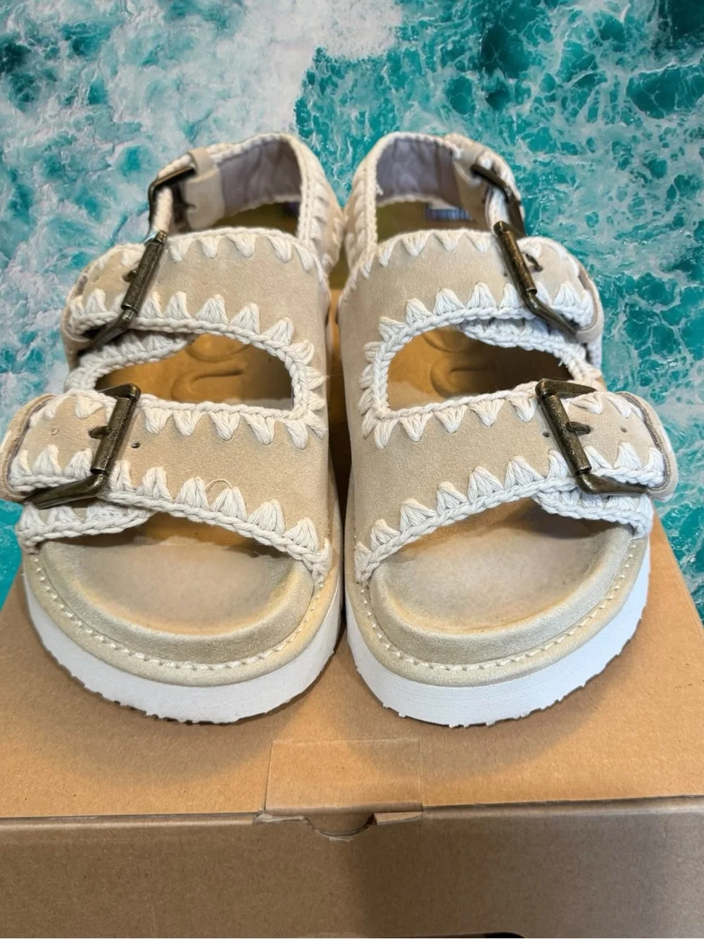 NIB MOU Bio Crochet Suede Buckle Sandals Platform Footbed Slingback Size 39